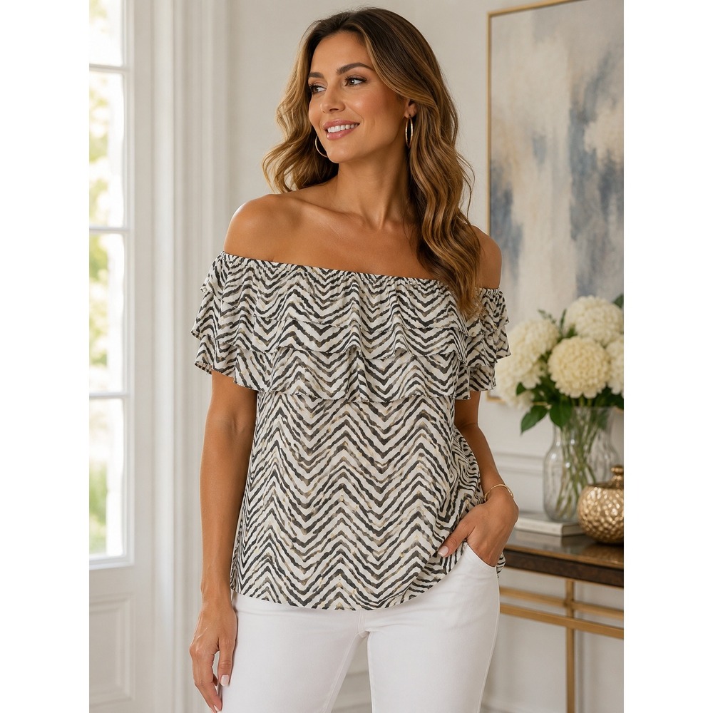 White House Black Market Zebra Chevron Ruffle Off Shoulder Blouse Gold Foil L